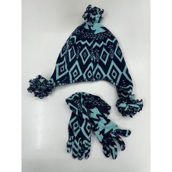 Old Navy Childrens Winter Hat Gloves Scarf Set Blue Fleece Aztec Size L-XL - Picture 8 of 14